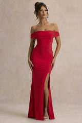 Law of Attraction | Red Bardot Draped Split Maxi Dress
