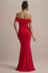 Law of Attraction | Red Bardot Draped Split Maxi Dress