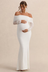 Pretty Perfect | White Maternity Ruched Mesh Bardot Maxi Dress