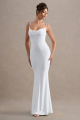 Francoise | White Cowl Neck Backless Maxi Dress With Lace Insert
