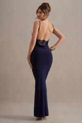 Francoise | Navy Cowl Neck Backless Maxi Dress With Lace Insert