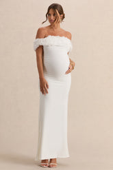 Inflorescence | White Mesh Floral Bardot Maternity Maxi Dress