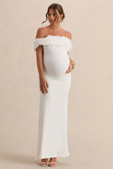 Inflorescence | White Mesh Floral Bardot Maternity Maxi Dress