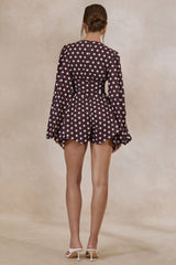 Laurel | Dark Brown Polka Dot V-Neck Balloon Sleeve Romper