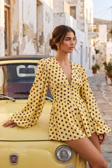 Laurel | Lemon Polka Dot V-Neck Balloon Sleeve Romper