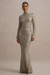 Galaxy | Champagne Sequin Turtle-Neck Long-Sleeve Maxi Dress
