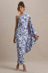 Clementina | Purple Lily Print Asymmetric Cape Sleeve Maxi Dress