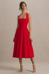 Auburn | Red Halter Skater Midi Dress