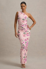 Dalarie | Pink Floral Print One-Shoulder Gathered Maxi Dress