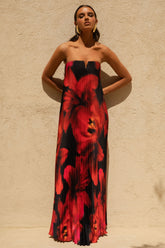 Bergamot | Black And Red Floral Print Satin Sweetheart Maxi Dress