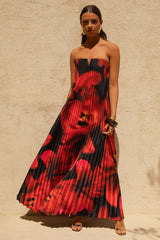 Bergamot | Black And Red Floral Print Satin Sweetheart Maxi Dress
