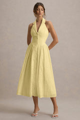 Jezebel | Yellow Lace Plunge-Neck Collared Midi Dress