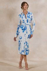 Zephy | Blue Floral Print Belted Shirt Midi Dress