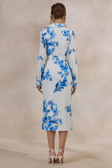 Zephy | Blue Floral Print Belted Shirt Midi Dress