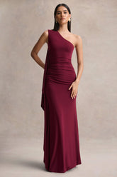 Adelina | Burgundy One-Shoulder Maxi Dress With Drape