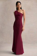 Adelina | Burgundy One-Shoulder Maxi Dress With Drape
