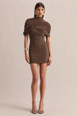 Perdi | Brown Bodycon Mini Dress With Twisted Cape