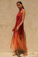 Alessia | Orange Ombre Fringe High-Neck Maxi Dress