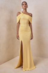 Nala | Lemon Asymmetric-Neck Maxi Dress With Gathered Detailing
