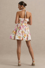 Kasey | Cream Floral Print Halter-Neck Mini Dress With Ruffle Detail