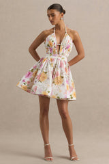 Kasey | Cream Floral Print Halter-Neck Mini Dress With Ruffle Detail