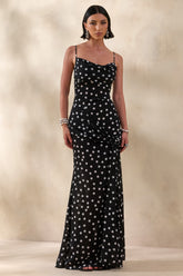 Virtue | Black & White Sheer Polka Dot Cowl-Neck Fishtail Maxi Dress With Split