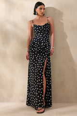 Virtue | Black & White Sheer Polka Dot Cowl-Neck Fishtail Maxi Dress With Split