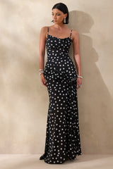 Virtue | Black & White Sheer Polka Dot Cowl-Neck Fishtail Maxi Dress With Split