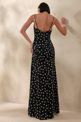 Virtue | Black & White Sheer Polka Dot Cowl-Neck Fishtail Maxi Dress With Split