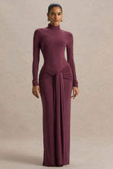 Myra | Burgundy High-Neck Maxi Dress With Sash and Ruched Detailing