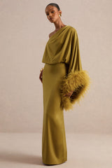 Felicity | Olive Satin Asymmetric-Neck Maxi Dress With Feather Detailing