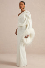 Felicity | White Satin Asymmetric-Neck Maxi Dress With Feather Detailing
