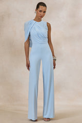 Opulence | Light Blue Jumpsuit With Cape Sleeve and Draped Details