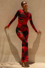 Marcy | Red And Black Floral Print High-Neck Maxi Dress