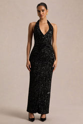 Gio | Black Sequin Plunge-Neck Wrap Maxi Dress With Ruched Detailing And Front Split