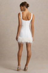 Rosalinda | White Sequin Square-Neck Mini Dress With Feather Trim