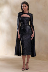 Adeline | Black Sequin Crew-Neck Midi Dress With Cape Sleeves