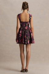 Magic | Burgundy Floral Print Sweetheart-Neck Mini Dress.