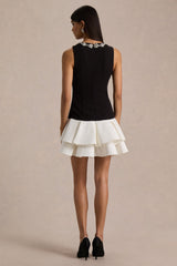 Nalani | Black And White Crew-Neck Mini Dress With Embellishment And Ruffled Detailing
