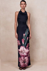 Palatial | Pink Border Print Halter-Neck Cowl Maxi Dress
