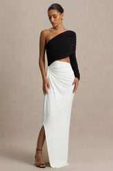 Malika | Black And White Asymmetric-Neck Maxi Dress With Body-Cut Out And Gathered Detailing