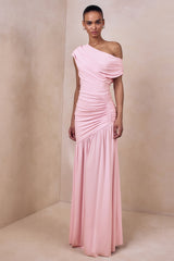 Kady | Pink Asymmetric-Neck Maxi Dress With Ruched Detailing