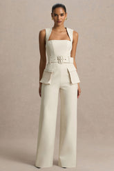 Solice | Cream Square-Neck Tailored Jumpsuit