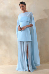 Chessa | Powder Blue Boat-Neck Maxi Dress With Sheer Cape