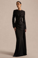 Beau | Black Lace High-Neck Maxi Dress With Draped Detail