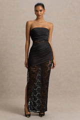 Dulcie | Black Lace And Satin Bandeau Midaxi Dress With Wrap-Details