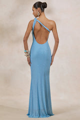Deity | Powder Blue Hotfix Asymmetric-Neck Maxi Dress With Open-Back