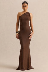 Deity | Brown Hotfix Asymmetric-Neck Maxi Dress With Open-Back