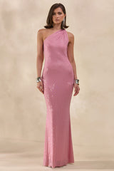 Deity | Pink Hotfix Asymmetric-Neck Maxi Dress With Open-Back