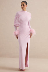 Gatsby | Light Pink High-Neck Maxi Dress With Feather Trim Cuffs